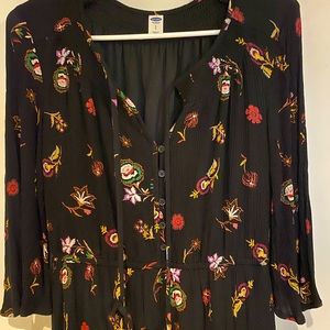 3/4 sleeve, black patterned, knee-length dress